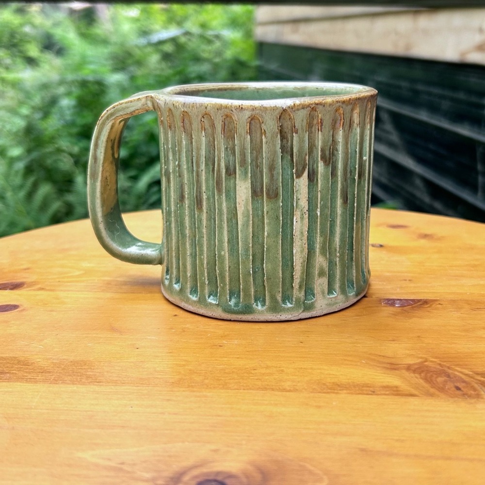 Vintage Studio Pottery Mug Large Moss Green Fluted Ribbed Ceramic Cup Lauren